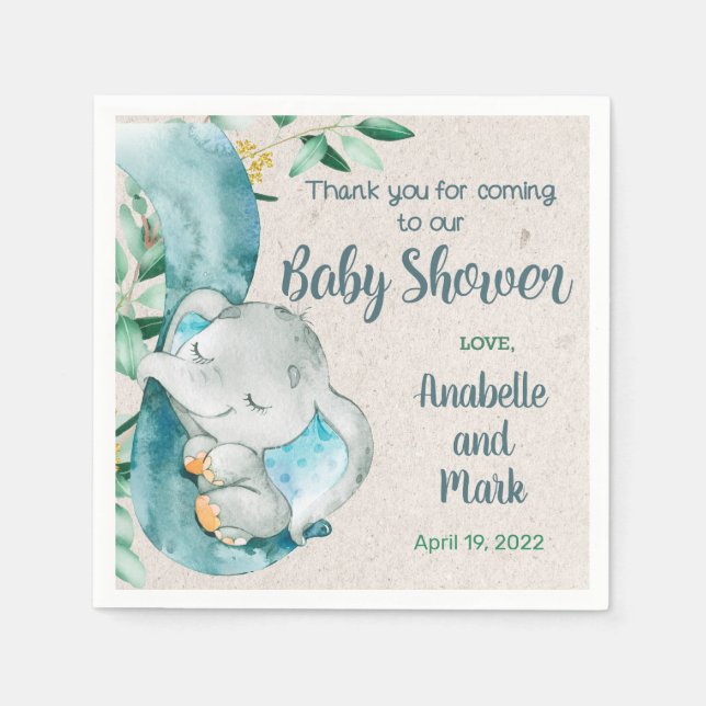 Baby on elephant trunk boy baby shower napkins. napkin (Front)