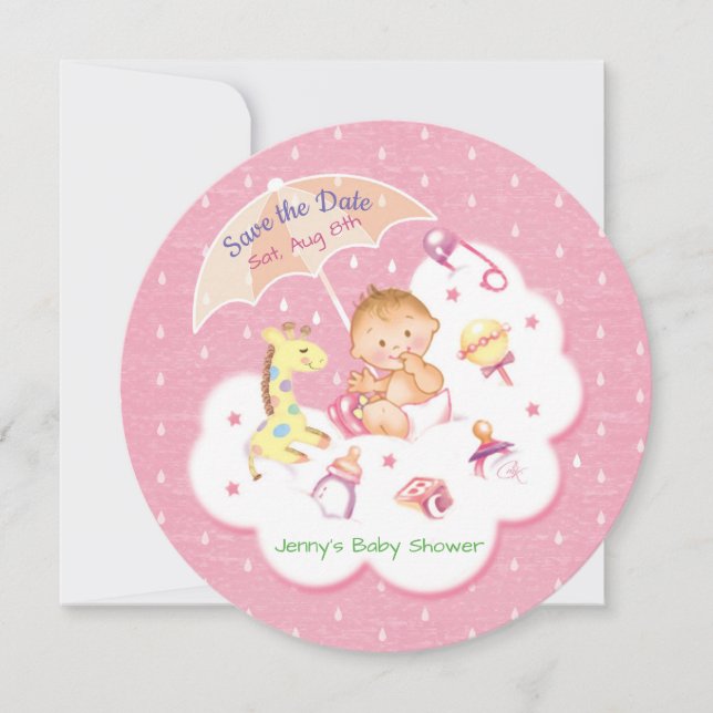 Baby on Pink Cloud under Umbrella Save The Date (Front)