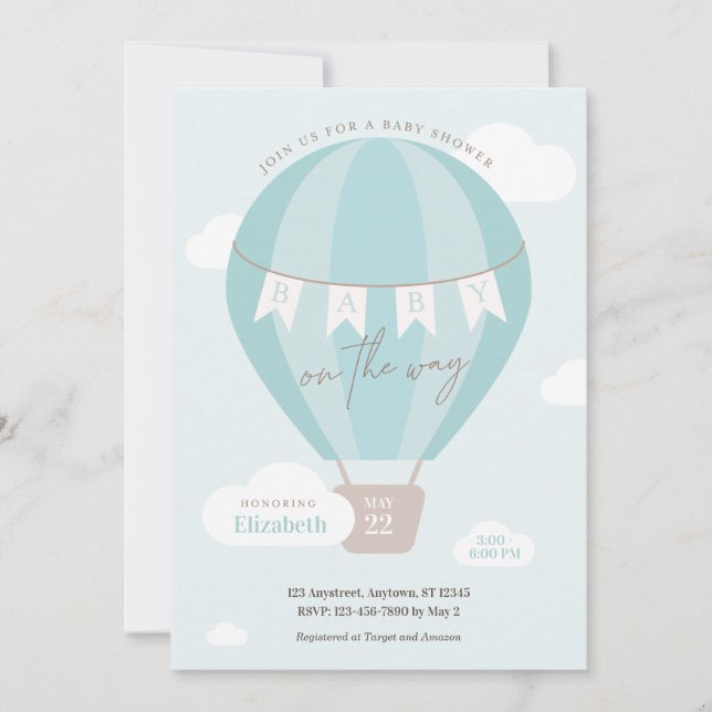 Baby on the Way Blue Hot Air Balloon Clouds Shower Invitation (Front)
