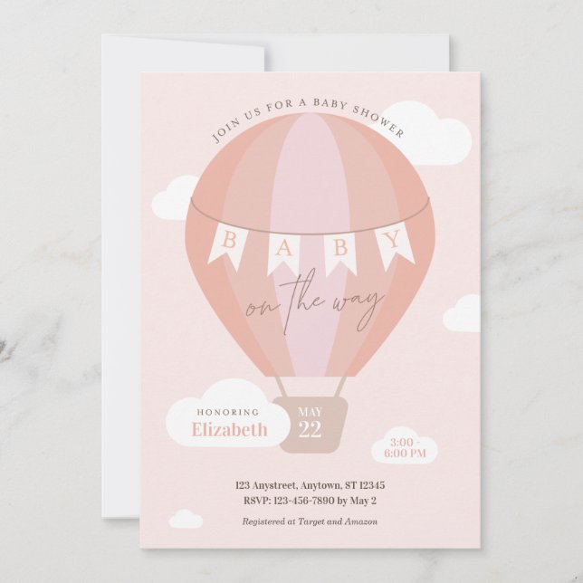 Baby on the Way Pink Hot Air Balloon Clouds Shower Invitation (Front)