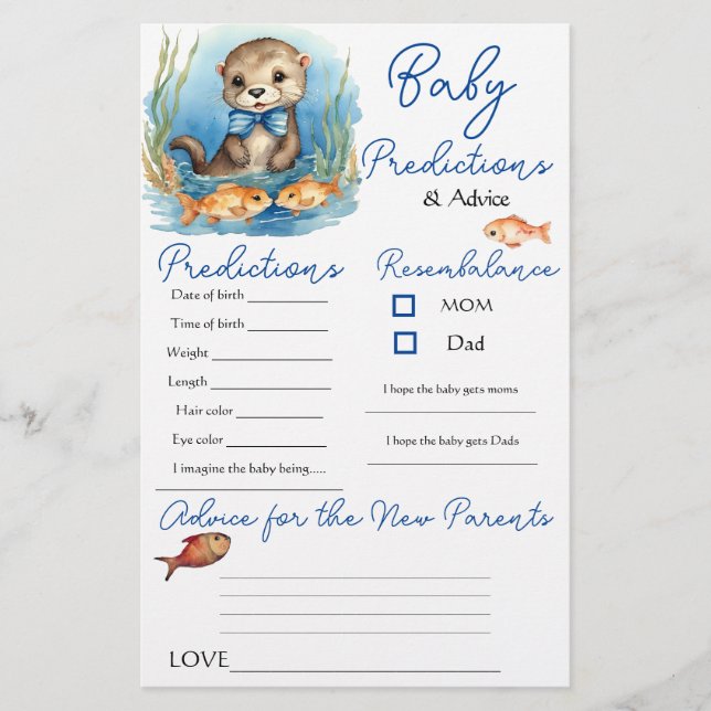 Baby Otter Boy Baby Predictions Advice Card (Front)