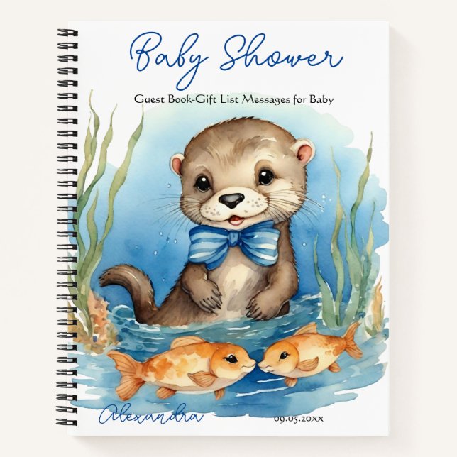 Baby Otter Boy Baby Shower Guest Gift List Notebook (Front)