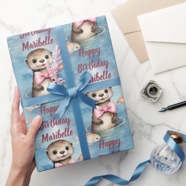 Baby Otter Girl Personalised Birthday Wrapping Paper (Gifting)