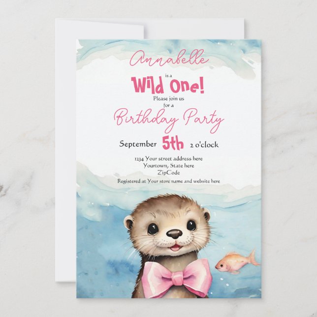 Baby Otter Wild One Girl Birthday Invitation (Front)