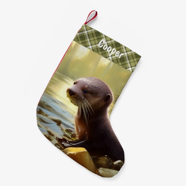 Baby Otter Wildlife Portrait Personalised  Small Christmas Stocking (Front (Hanging))