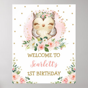 Baby Owl Blush Gold Pink Floral Birthday Welcome Poster