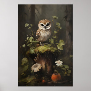 Baby Owl Botanical Print, Forestcore Cottagecore Poster
