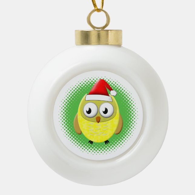 Baby Owl Cartoon Santas Hat Ceramic Ball Christmas Ornament (Front)