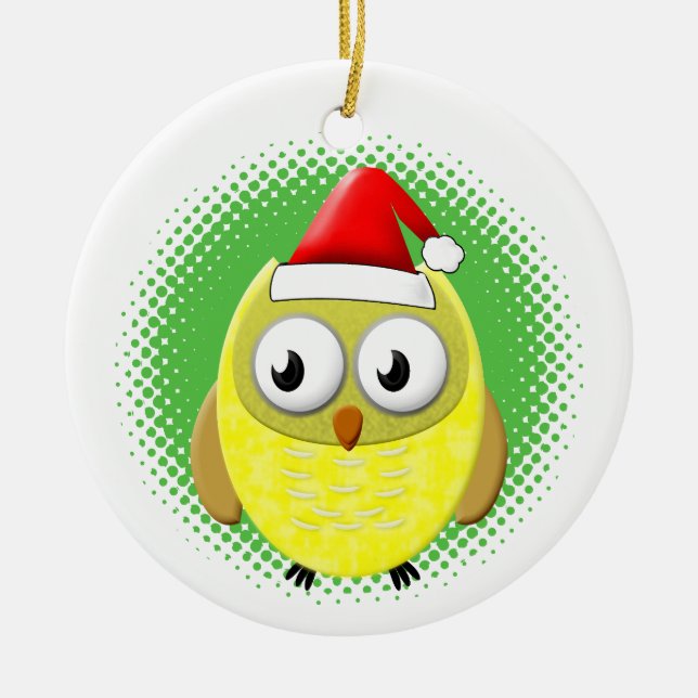 Baby Owl Cartoon Santas Hat Ceramic Tree Decoration (Front)
