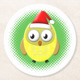 Baby Owl Cartoon Santas Hat Round Paper Coaster