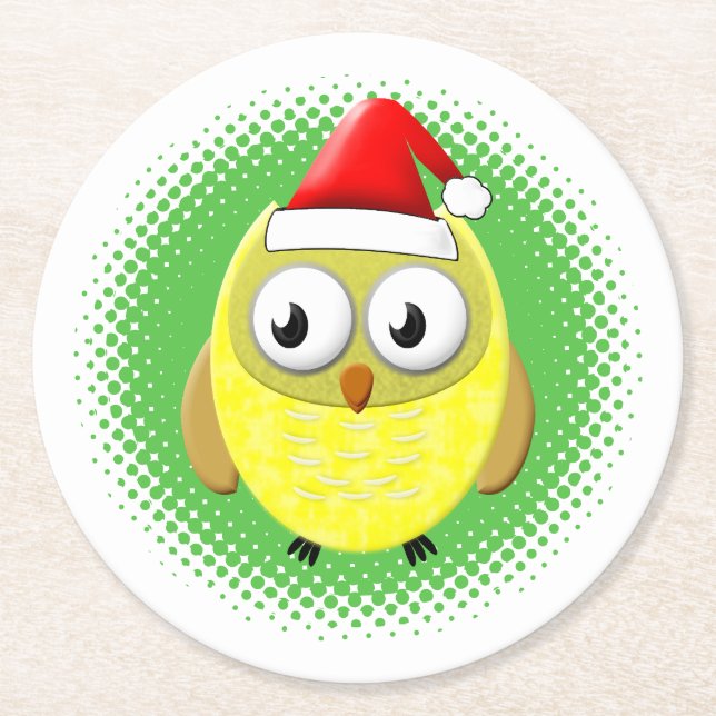 Baby Owl Cartoon Santas Hat Round Paper Coaster (Front)