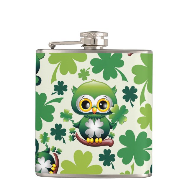 Baby Owl Cute St Patrick Cartoon Hip Flask (Front)