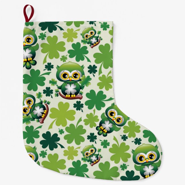 Baby Owl Cute St Patrick Cartoon Large Christmas Stocking (Front)