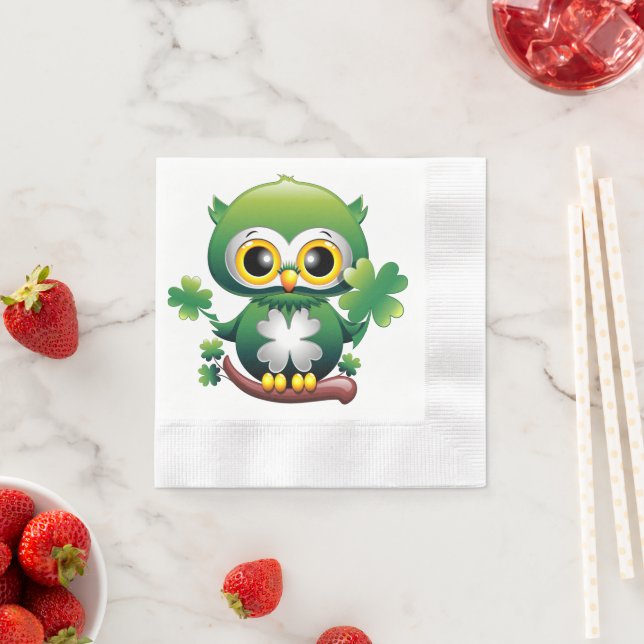 Baby Owl Cute St Patrick Cartoon Napkin (Insitu)