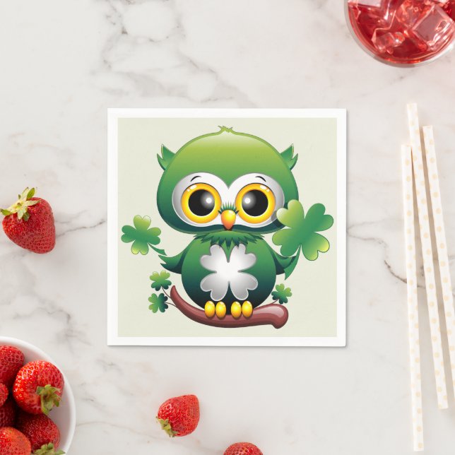 Baby Owl Cute St Patrick Cartoon Napkin (Insitu)