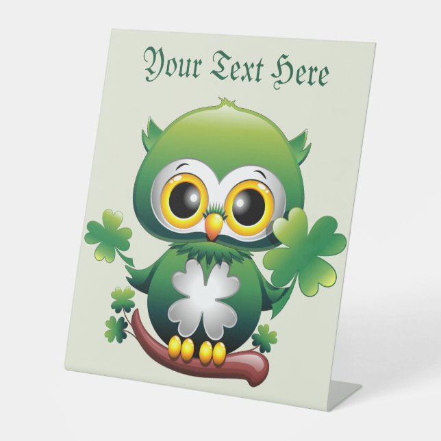 Baby Owl Cute St Patrick Cartoon Pedestal Sign (Front)