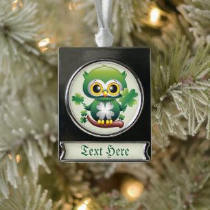 Baby Owl Cute St Patrick Cartoon Silver Plated Banner Ornament
