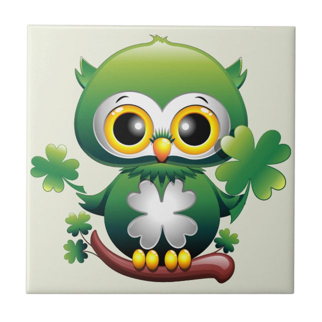 Baby Owl Cute St Patrick Cartoon Tile (Front)