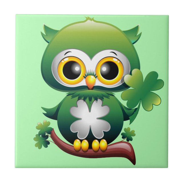Baby Owl Cute St Patrick Cartoon Tile (Front)