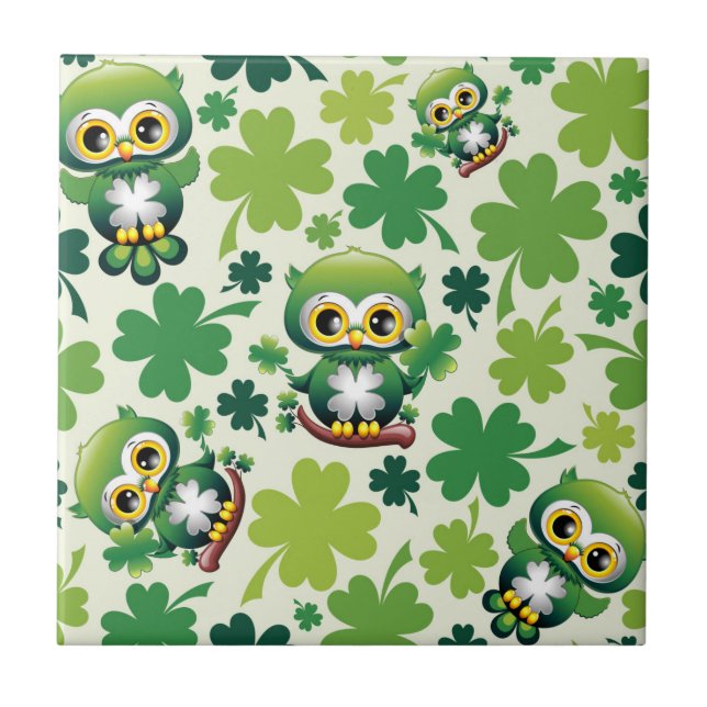 Baby Owl Cute St Patrick Cartoon Tile (Front)