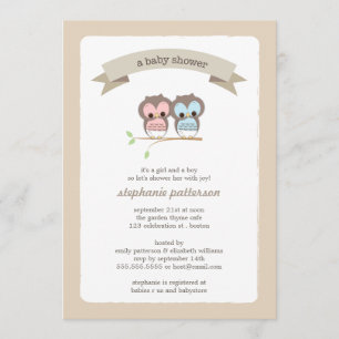 Baby Owl Girl & Boy Twin Baby Shower Invitation