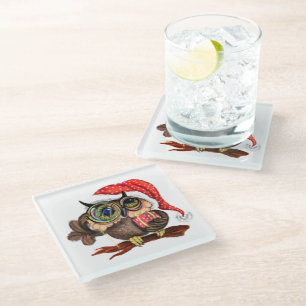 Baby Owl In Christmas Hat and Gift Glass Coaster