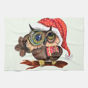 Baby Owl In Christmas Hat and Gift Kitchen Towel