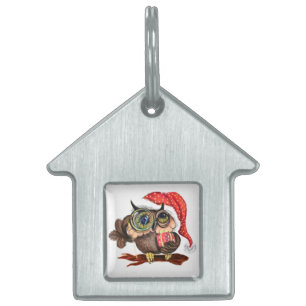 Baby Owl In Christmas Hat and Gift Pet ID Tag