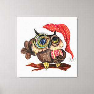 Baby Owl In Christmas Hat Canvas Print Gift