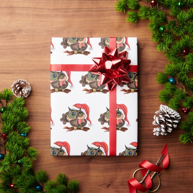 Baby Owl In Christmas Hat Wrapping Paper Gift (Holiday Gift)