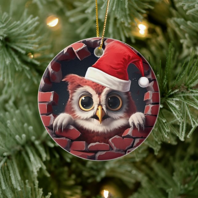 Baby Owl in Santa Hat - 3D Ceramic Tree Decoration (Tree)