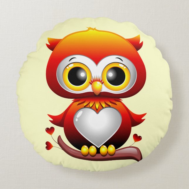 Baby Owl Love Heart Cartoon  Round Cushion (Front)