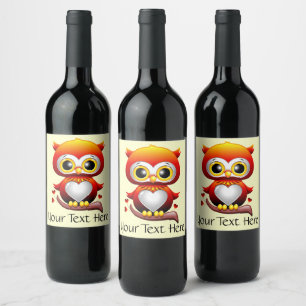 Baby Owl Love Heart Cartoon  Wine Label