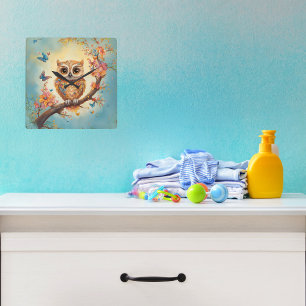 Baby Owl Nursery Square Wall Clock