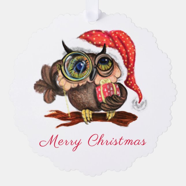 Baby Owl with Gifts Christmas Ornament Card (Front)