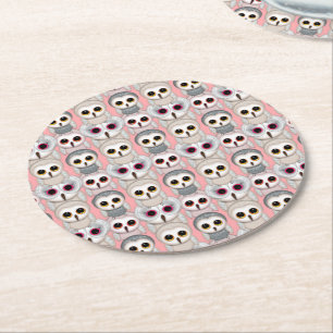 Baby Owls On Pale Pink Background Pattern Round Paper Coaster