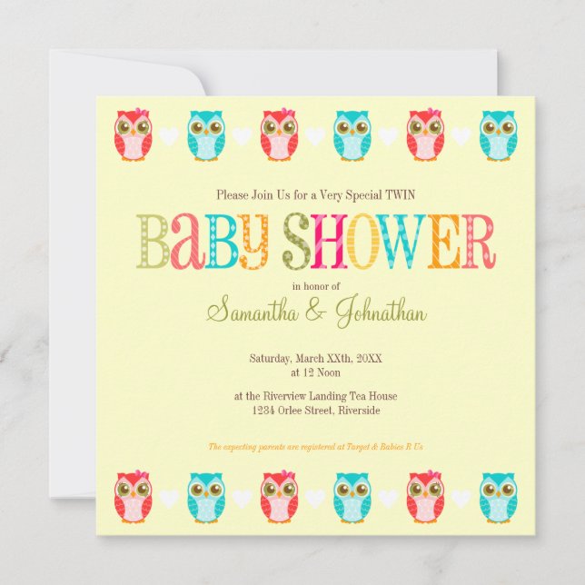 Baby Owls - One of Each! Twins Shower Invitation (Front)