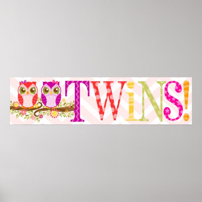 Baby Owls - Twin Girls Pink & Purple Shower Banner Poster (Front)