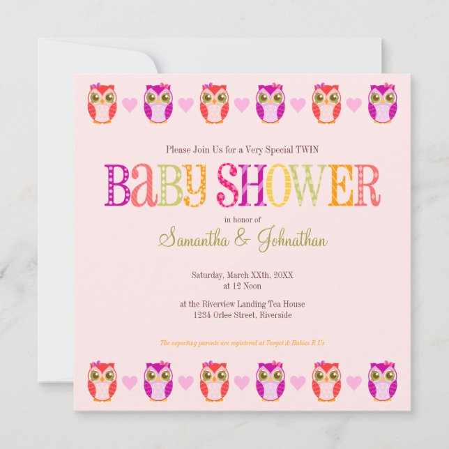 Baby Owls - Twin Girls Shower Invitation (Front)
