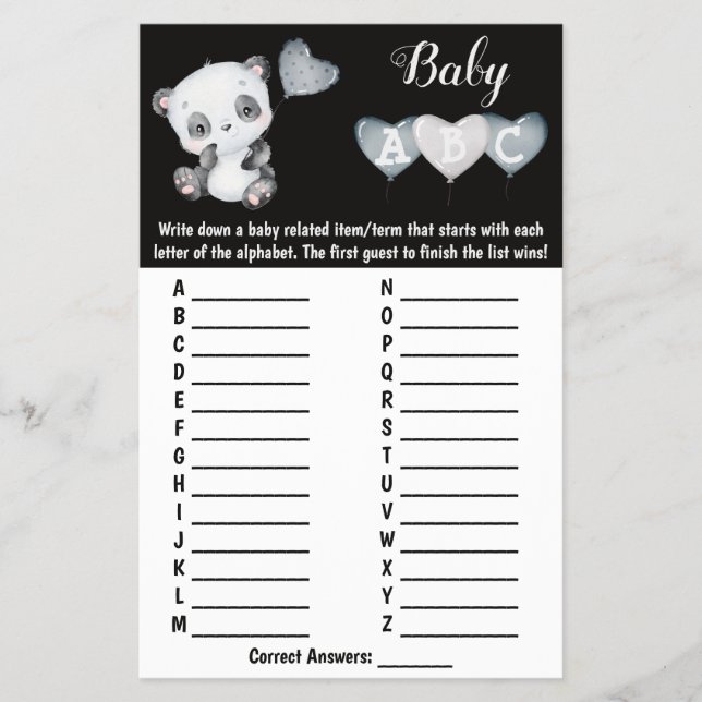 Baby Panda ABC Baby Shower Game Card (Front)
