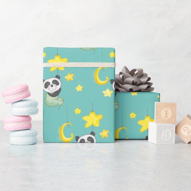 Baby Panda and Moon and Stars Wrapping Paper (Baby Shower)