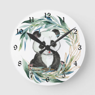 Baby Panda Bear in Wreath Nursery Round Clock