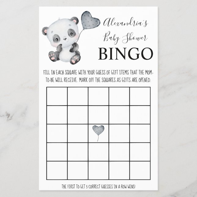 Baby Panda Bingo Baby Shower Game Card (Front)