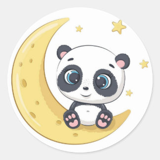 Baby Panda Over The The Moon  Classic Round Sticker