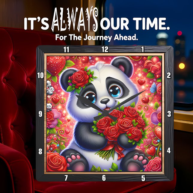 Baby Panda Red Rose Square Wall Clock (Creator Uploaded)