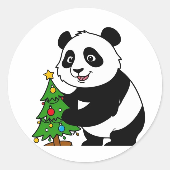 Baby panda with christmas tree classic round sticker (Front)