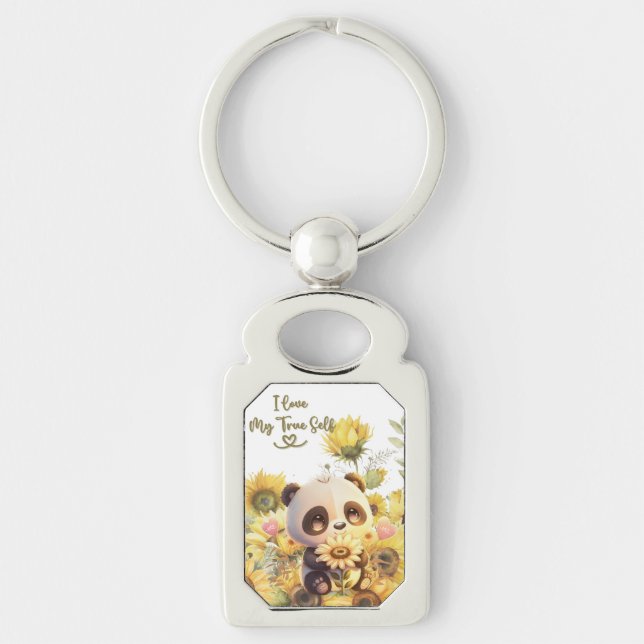 Baby Panda With Sunflower Metal Keychain (Front)