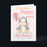 Baby Penguin 6 Month Birthday Card<br><div class="desc">A cute 6 month baby penguin birthday card. The card features a baby girl penguin sitting on a cloud holding a balloon. A sweet design f or a little girl who will be half a year old. Add the child, s name to the front of the card to customise it...</div>