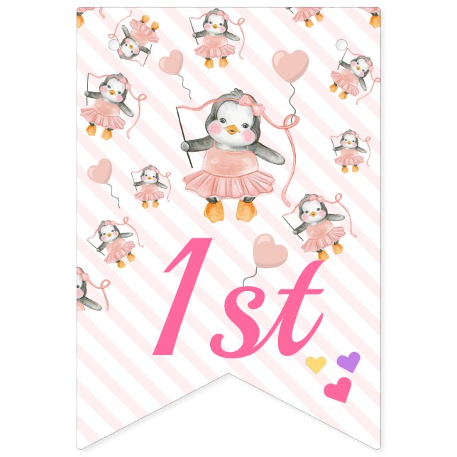 Baby Penguin Ballerina Pink Personalised Birthday  Bunting (Seventh Flag)