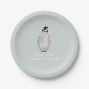 Baby Penguin Blue Winter Baby Shower Paper Plate